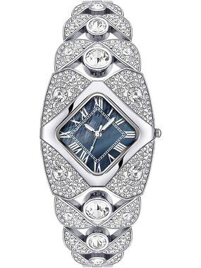 Women's Silver Blue Rhombic Square Rhinestone Bracelet Roman Numerals Dial Watch